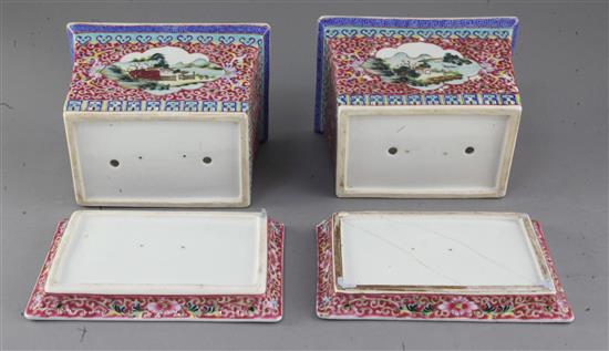 A pair of Chinese famille rose rectangular jardinieres and stands, 19th century, length 17.5cm height 13cm, one stand repaired